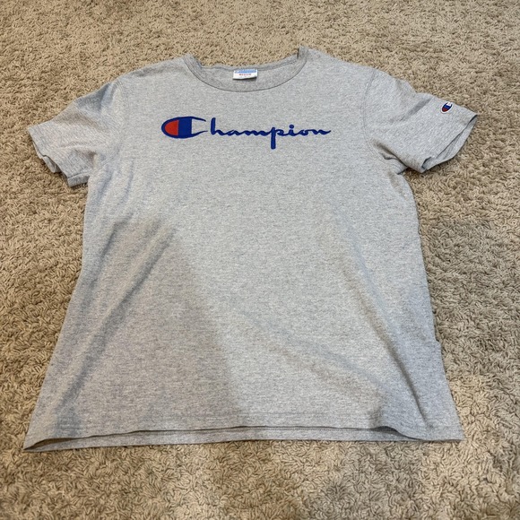 Champion Shirt Mens Medium Gray Script Logo Short Sleeve Crewneck Athletic - Picture 1 of 8
